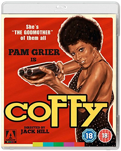 “Coffy” Blu-ray cover featuring Pam Grier holding a handgun, red background.
