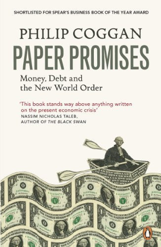 Book cover: "Paper Promises" depicts a man rowing on waves of money.