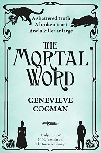 Book cover for "The Mortal Word" with ornate teal border and cats.