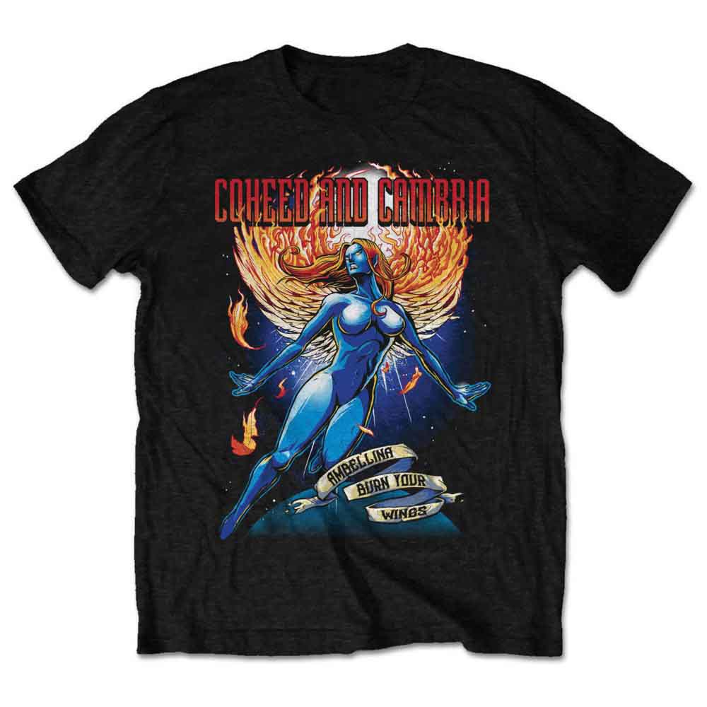 Black Coheed and Cambria t-shirt featuring a winged blue woman and fiery graphic design.