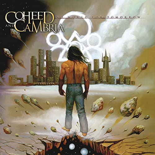 Album cover: man viewing a ruined city with falling debris.