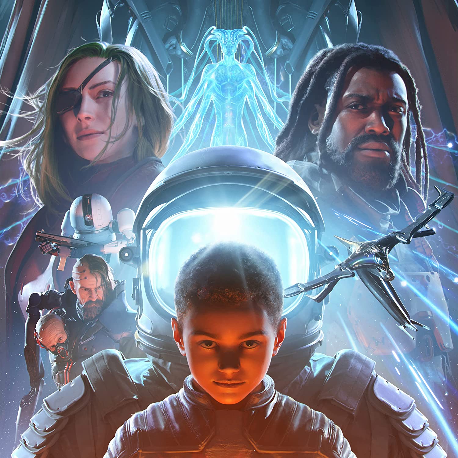 "Album cover art featuring a boy in a spacesuit surrounded by futuristic characters."