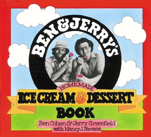 Ben & Jerry's cookbook cover featuring the founders and cloud illustrations.