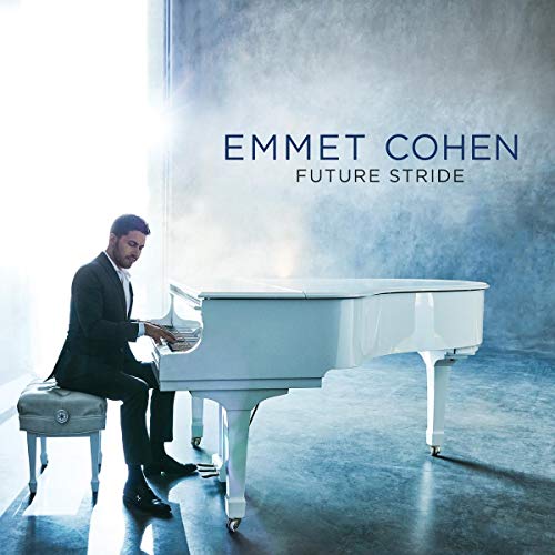 Emmet Cohen seated at a white piano, album cover for “Future Stride.”
