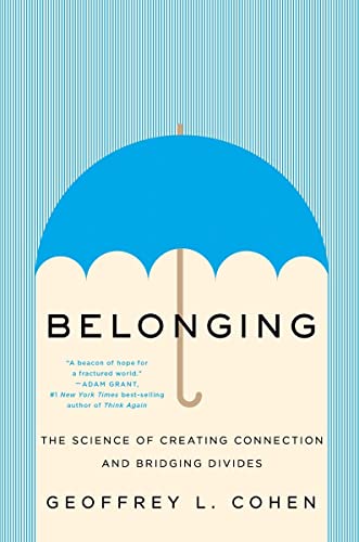 Book cover with blue umbrella illustration and bold "BELONGING" title.