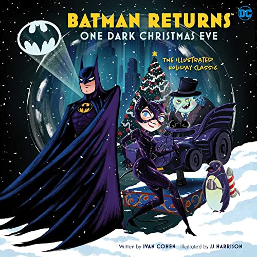 Batman, Catwoman, and the Penguin inside a snow globe, holiday themed.