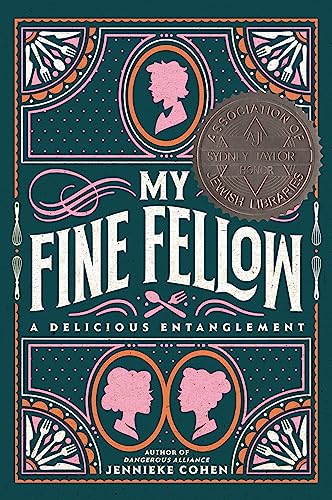 Book cover: “My Fine Fellow” with ornate pink and teal design.