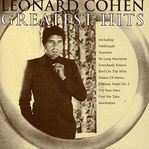 CD cover for Leonard Cohen’s “Greatest Hits” featuring a portrait of the artist.