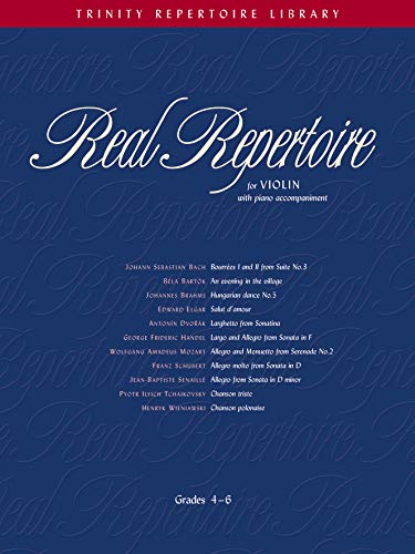Front cover of Real Repertoire for Violin grades 4-6 music book on blue background.