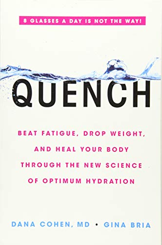 Book cover for "Quench" with blue water wave and pink text.