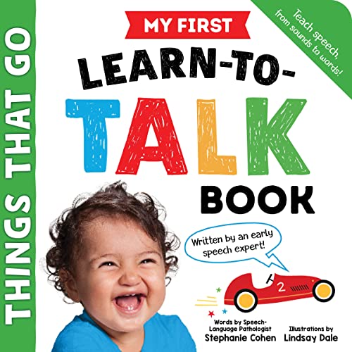 Board book cover with baby and red toy truck, learning to talk.