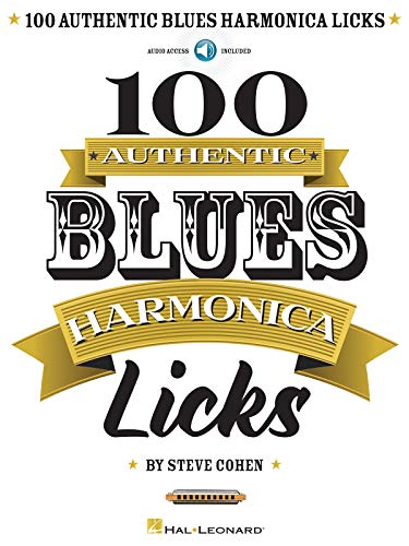 Book cover for "100 Authentic Blues Harmonica Licks" with harmonica illustration.