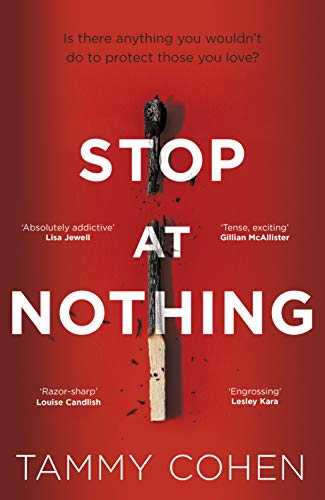 Book cover: "Stop At Nothing" by Tammy Cohen, with a burning match.