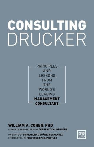 Book cover: “Consulting Drucker” with white text on a blue background.