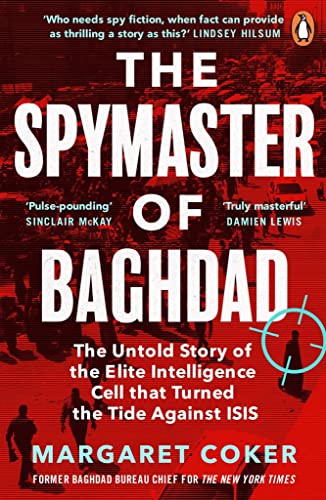 Book cover: "The Spymaster of Baghdad" with red and black text, shadowy figures.