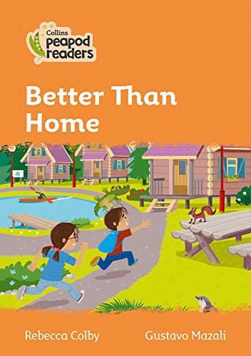 Children running towards colorful cabins by a lake, book cover.