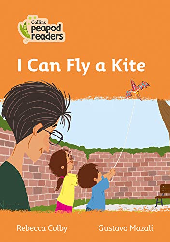 Children and adult looking at a colorful kite flying in the sky.