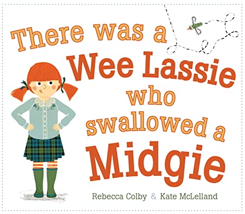 A red-haired girl in a kilt stands next to the book title and a midgie.