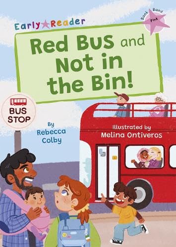 Red bus book cover with diverse children and a street scene.