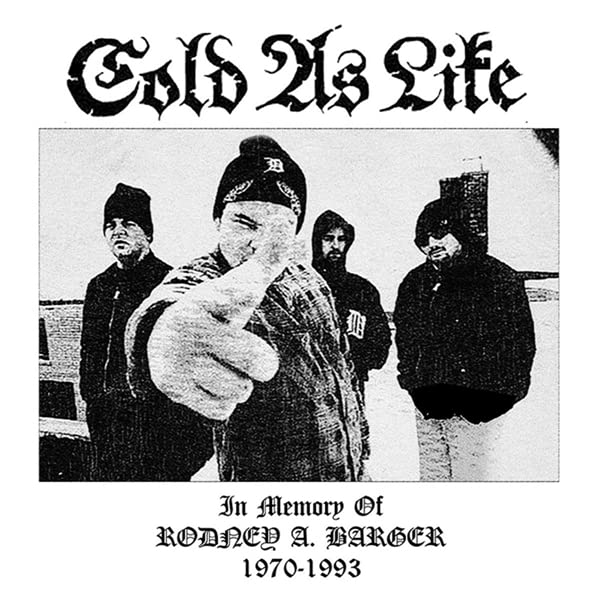 Black and white photo of four men with text Cold As Life and memorial details.