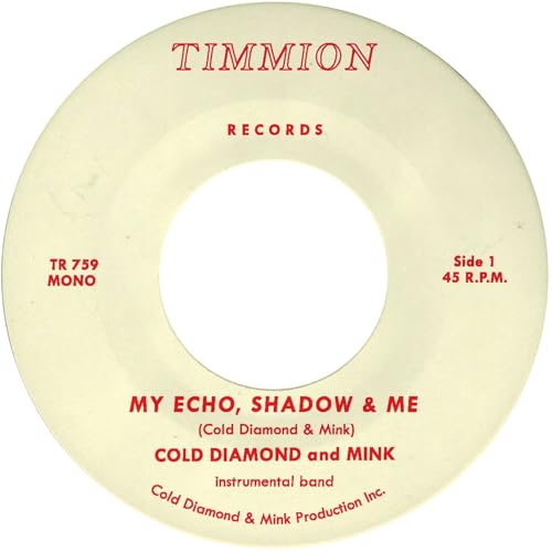 Off-white vinyl record label with red text reading Timmion Records and My Echo, Shadow & Me.