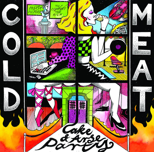 Collage of surreal, colorful illustrations with text: “Cold Meat - Cake & Arse Party.”