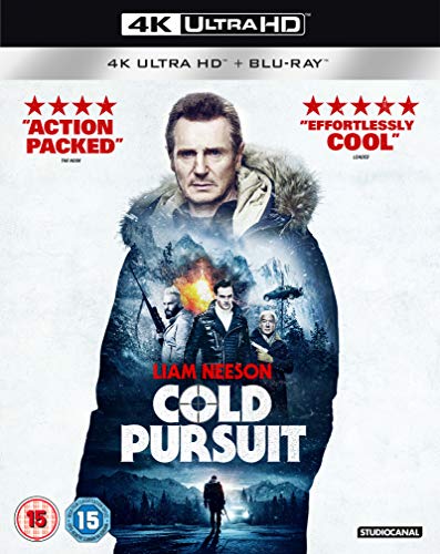 Cold Pursuit 4K Blu-ray cover featuring Liam Neeson in a winter setting.