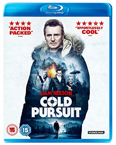 "Cold Pursuit" Blu-ray case featuring Liam Neeson, with action scenes and snowy landscape.