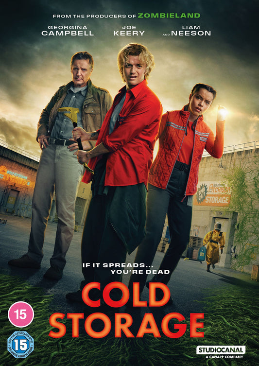 Three people stand in front of a storage facility on the Cold Storage DVD cover.