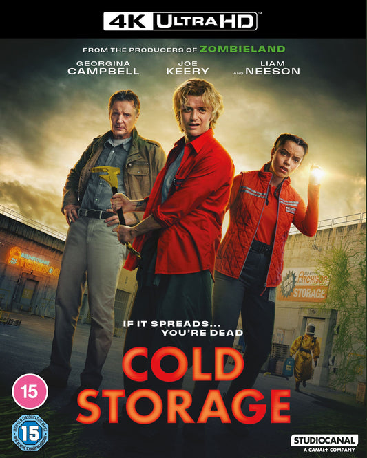 Movie poster for Cold Storage featuring Liam Neeson, Joe Keery, and Georgina Campbell.