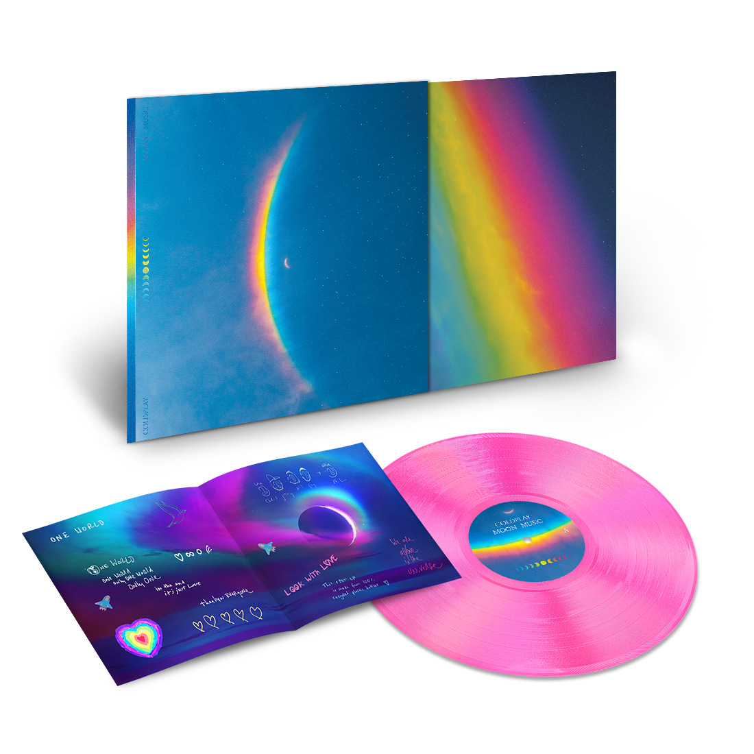 Coldplay “Moon Music” vinyl record with colorful, celestial-themed packaging.