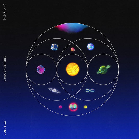 Coldplay's "Music Of The Spheres" album cover with planets and rings.