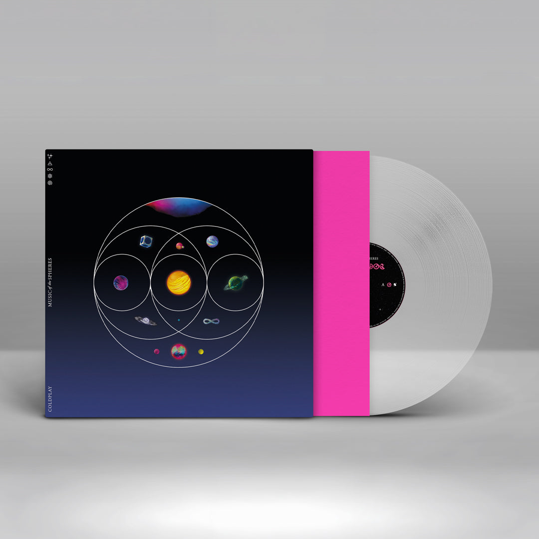 Coldplay’s “Music of the Spheres” clear vinyl LP with planetary artwork.