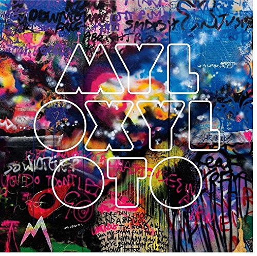"Album cover with 'Mylo Xyloto' in white text on a graffiti-covered background."