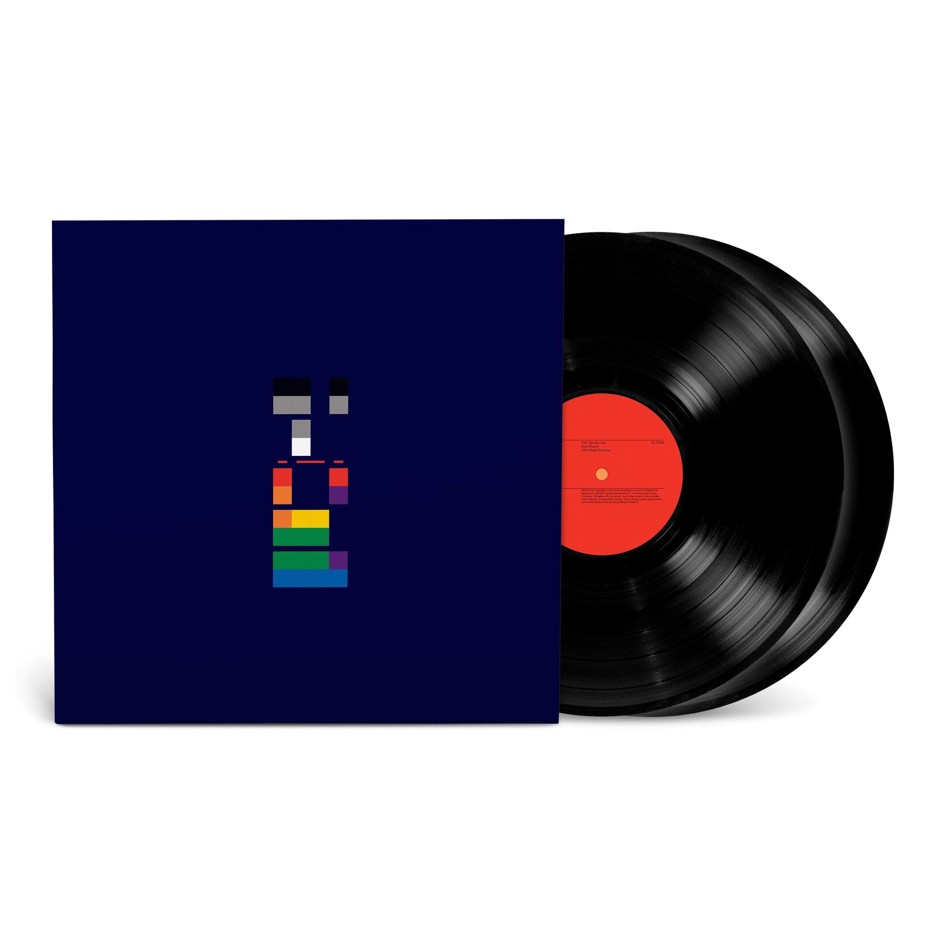 Coldplay’s “X&Y” vinyl record with colorful block design on the cover.