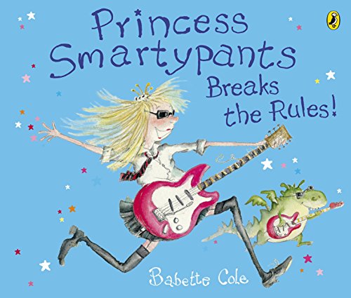A blonde princess in sunglasses plays a pink electric guitar with a small dragon.
