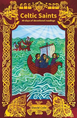 Book cover: “Celtic Saints” with illustration of boats and Celtic knotwork.