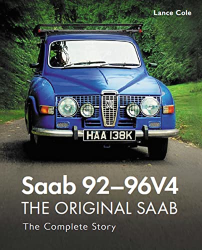Blue vintage Saab 96V4 car on book cover, titled “The Original Saab”.