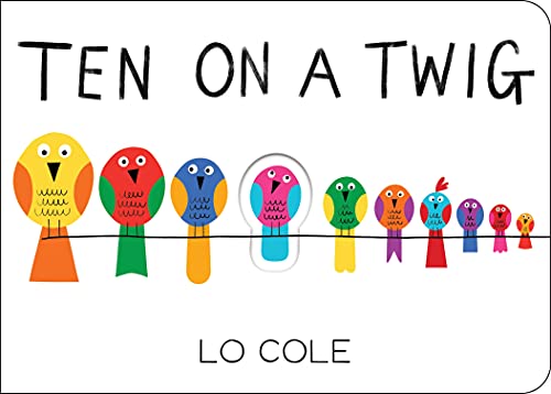 Ten colorful birds of decreasing size sit on a thin twig against white background.