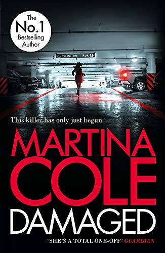 Book cover: woman running in a dark parking garage, red title "Damaged".