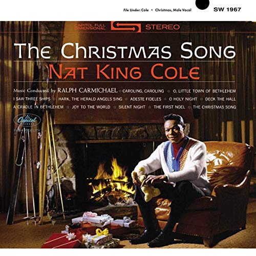 Nat King Cole album cover, "The Christmas Song," with fireplace scene.