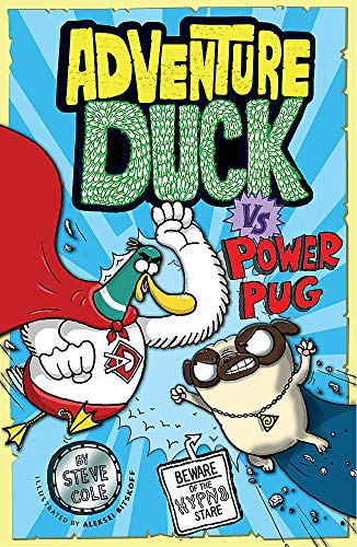 Cartoon book cover featuring a duck and pug facing off as superheroes.