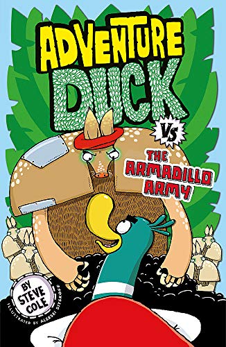 Cartoon duck in armor faces many armadillos, book cover illustration.