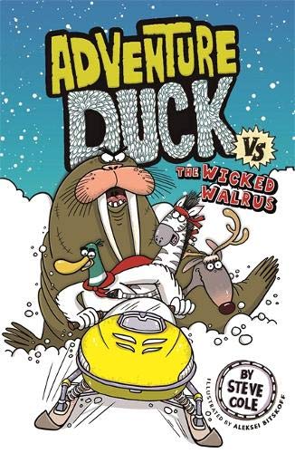 Cartoon book cover featuring a walrus, duck, zebra, and reindeer on a snowmobile.