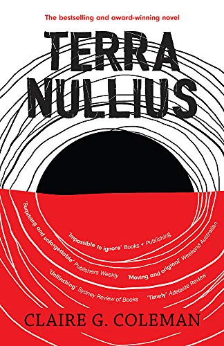 Book cover: "Terra Nullius" with black and red abstract circular design.