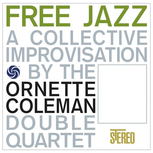 Free Jazz" vinyl record cover with bold text and a spiral logo.