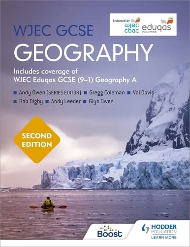 Geography textbook cover with snowy mountains and a kayaker on water.