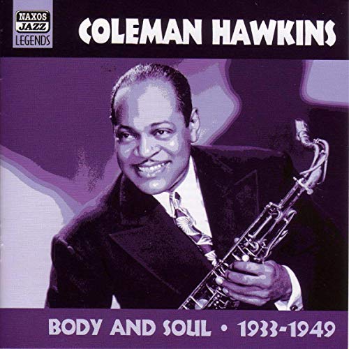 Coleman Hawkins portrait with tenor saxophone, album cover for "Body and Soul.