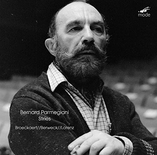 Black and white portrait of Bernard Parmegiani, composer, with album title.