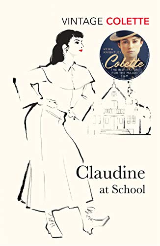 Book cover: “Claudine at School” with sketched woman and school building.